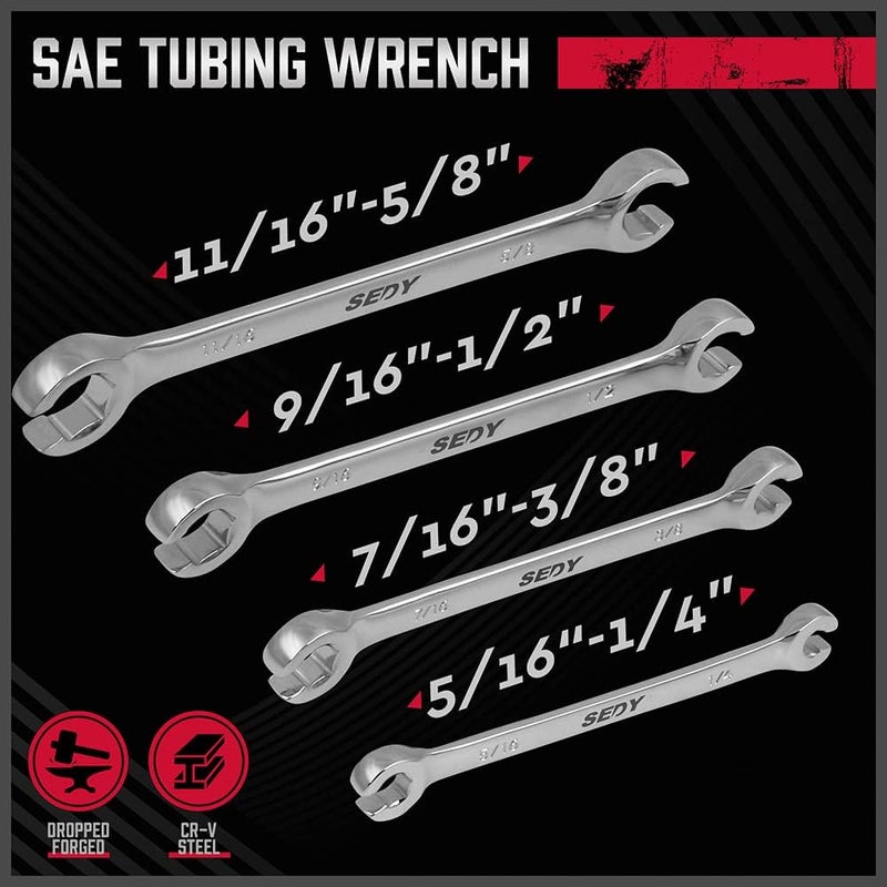 SEDY 4-Piece Flare Nut Wrench Set - SAE Brake Line Wrench 1/4, 5/16, 3/8, 7/16, 1/2, 9/16, 5/8, 11/16-inch, Professional Offset Heads, Portable Organizer Pouch Included - Image 3